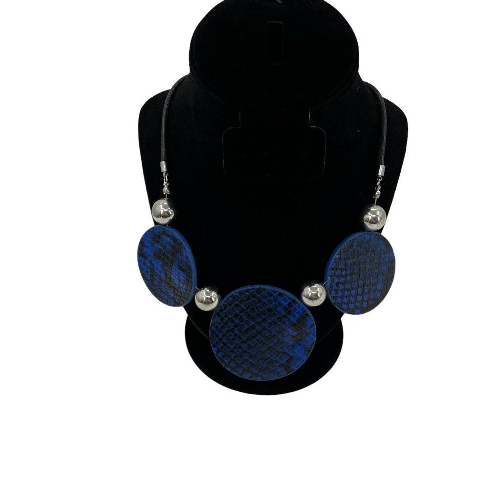 Black & Blue Snakeskin Print Leather Medallion Silver Beaded Corded Necklace